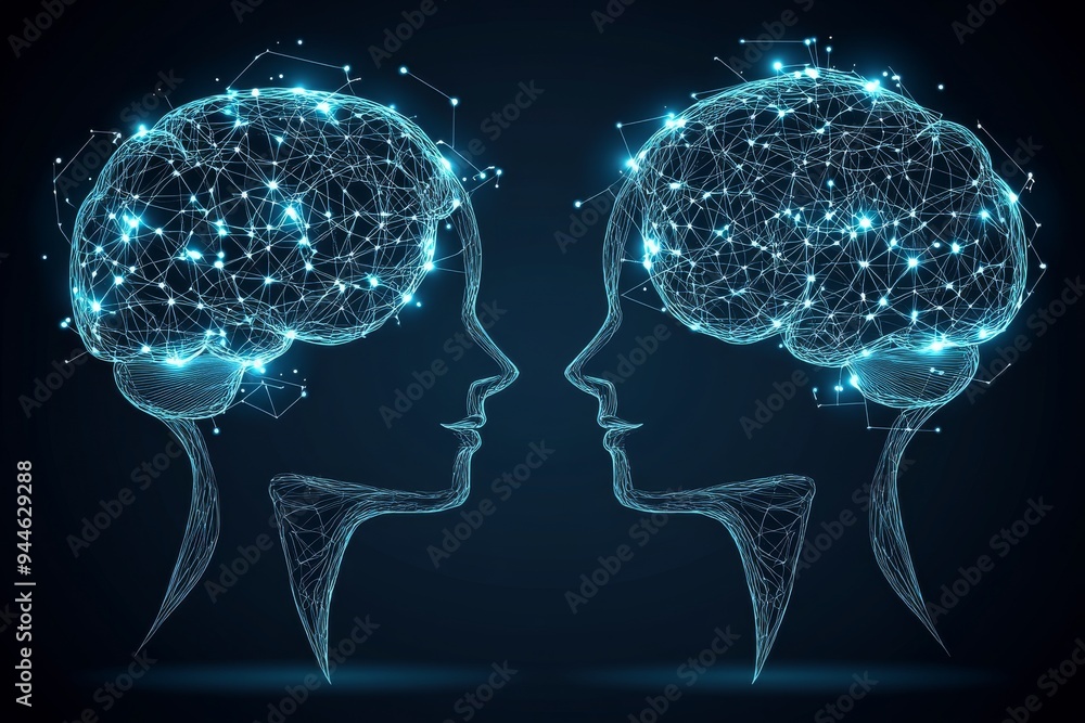 Poster artistic digital illustration of two human profiles with glowing neural networks symbolizing the dyn