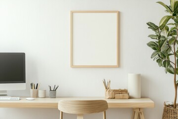 Empty picture frame mockup displayed on a bright bathroom room wall, showcasing a minimalist design with a dining table and chairs in midday natural light.