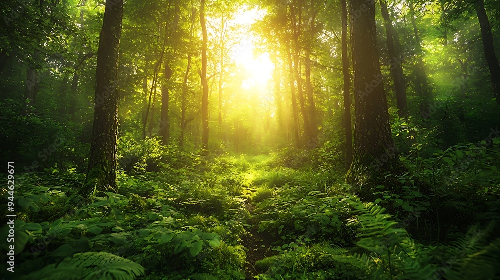 Poster sunlight streams through towering trees, illuminating a lush forest.