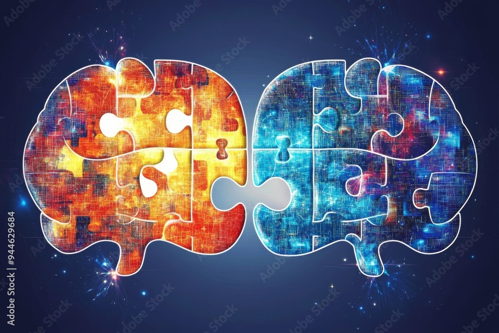 Poster digital art of two speech bubbles filled with puzzle piece brains symbolizing the exchange of ideas 