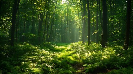 Obraz premium Sunbeams pierce through a lush forest canopy, casting a golden glow.