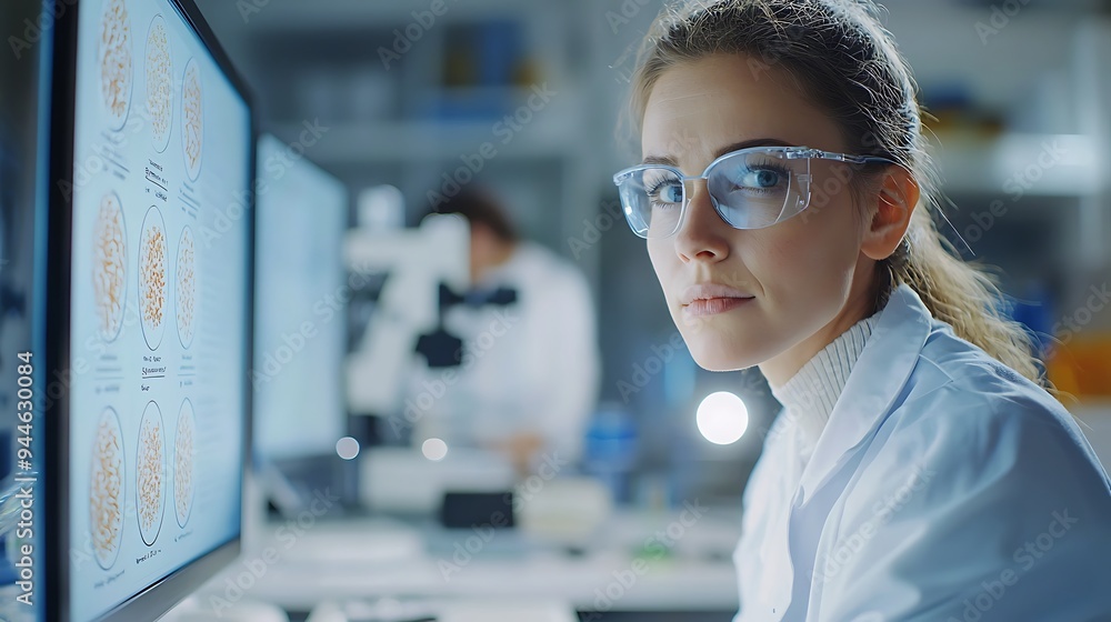 Poster a female scientist intently studies a computer screen in a high-tech laboratory.