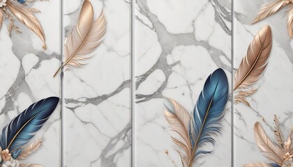 Marble background with feather and floral design. Wall art panels created with generative ai	