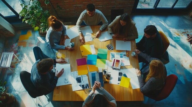Team brainstorming session at a creative workspace with vibrant colors and natural light