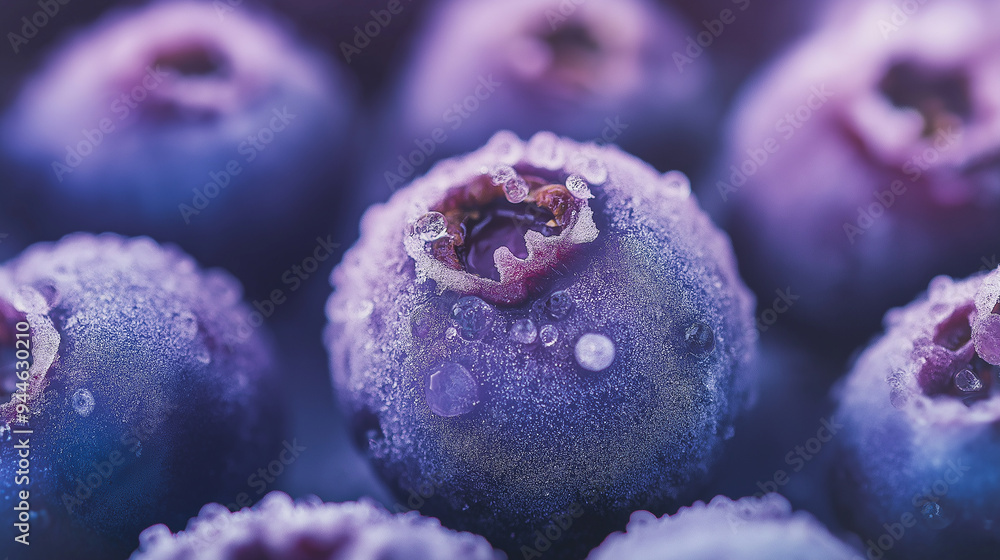 Poster frozen blueberries covered with ice crystals creating textured background