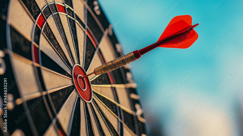 Poster red dart hitting center of target on dartboard on blue sky background