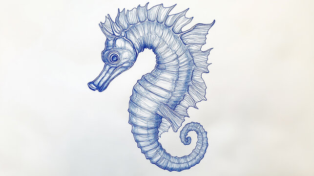 recommend clip art: Blue ink seahorse drawing with detailed line art