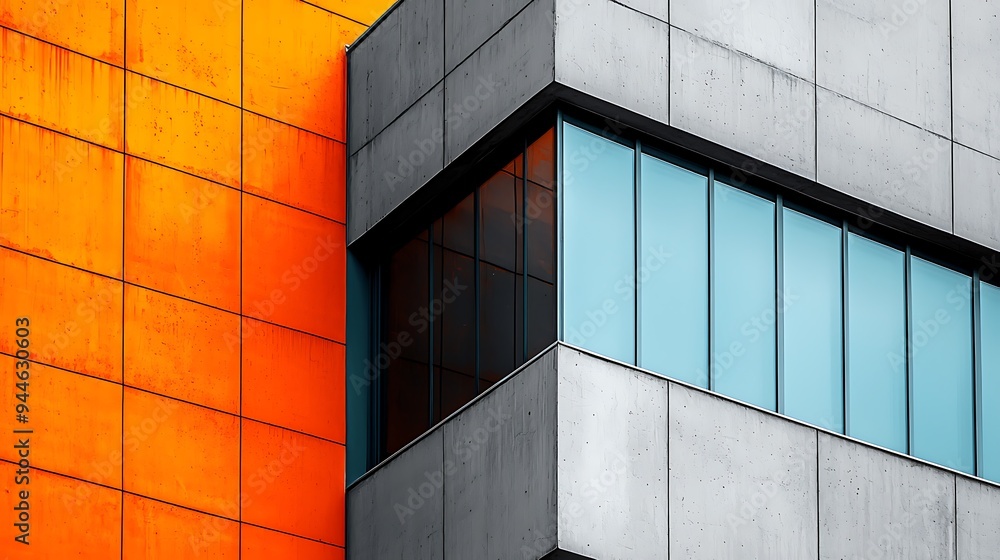 Poster modern architecture is highlighted by striking orange and grey panels with sleek windows.