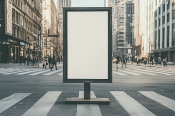 Mockup street billboard in front of modern glass building with natural reflections during soft morning light.