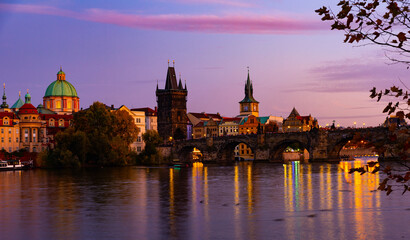 Obraz premium Evening view of Charles Bridge with illumination. Prague. Czech Republic