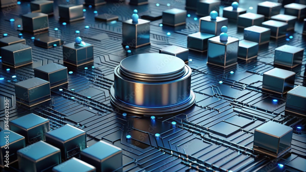 Poster exploring the intricate design of a futuristic circuit board with luminescent connections and vibran