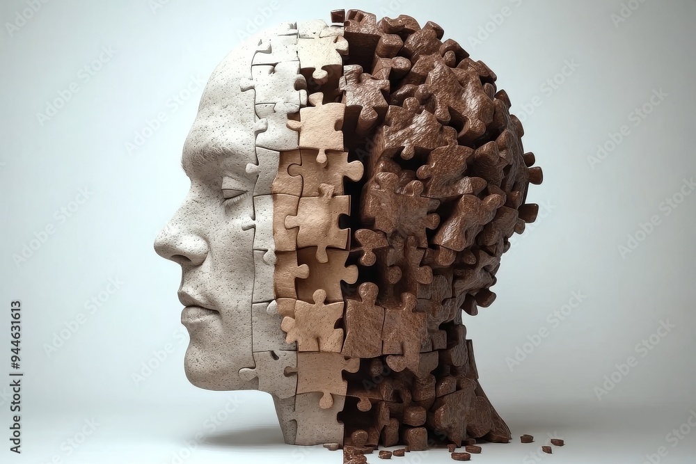 Poster 3d rendering of a human head disintegrating into puzzle pieces symbolizing the fragmentation of thou