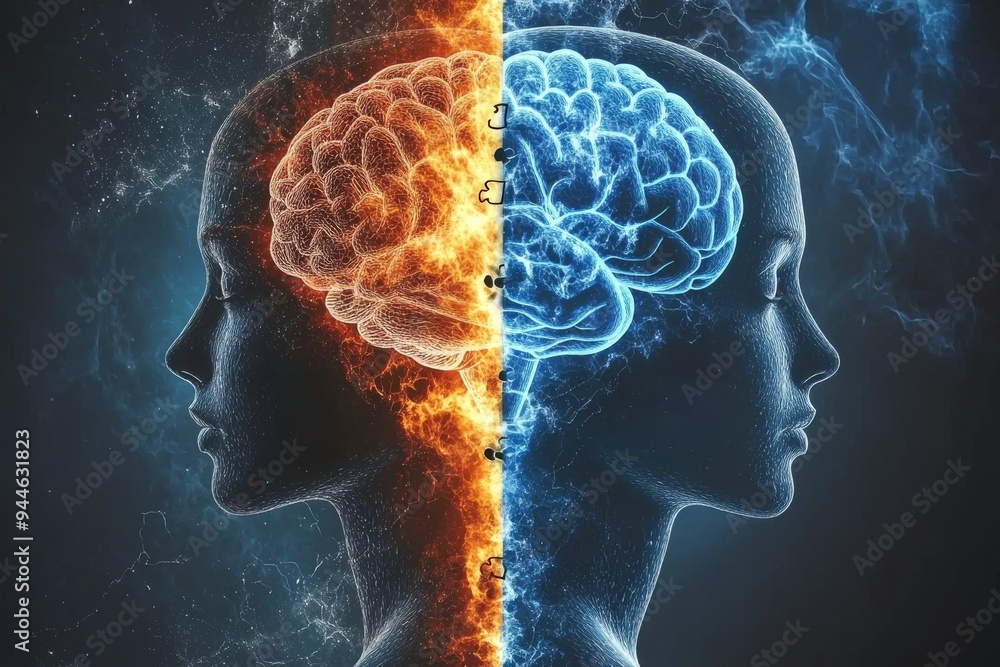 Poster futuristic digital art of two profiles with fiery and icy brains symbolizing the duality contrast an
