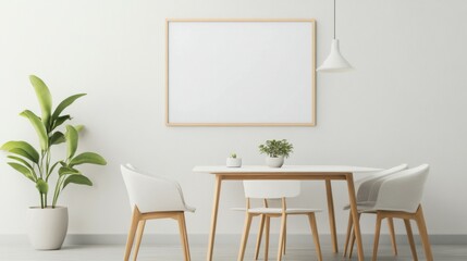 Blank landscape frame mockup centered in a modern dining room, surrounded by greenery and a simple table setting, ideal for interior design presentations.