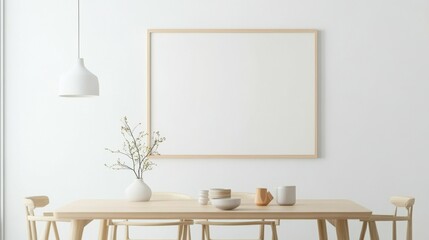 Blank landscape frame mockup centered in a modern dining room, surrounded by greenery and a simple table setting, ideal for interior design presentations.