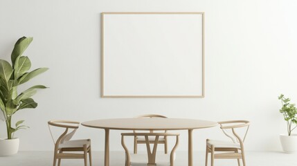 Blank landscape frame mockup centered in a modern dining room, surrounded by greenery and a simple table setting, ideal for interior design presentations.