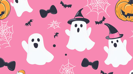 Cute halloween ghosts wearing hats and bow ties seamless pattern on pink background