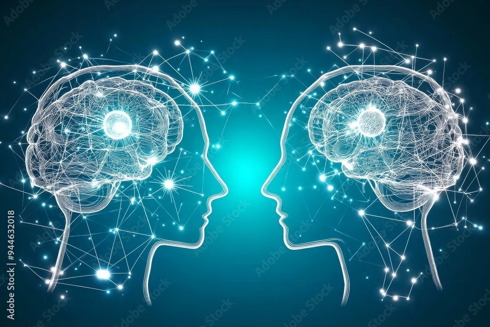 Aufkleber digital illustration of two profiles with glowing neural connections symbolizing the deep intellectu
