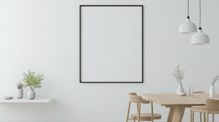 Blank landscape frame mockup centered in a modern dining room, surrounded by greenery and a simple table setting, ideal for interior design presentations.