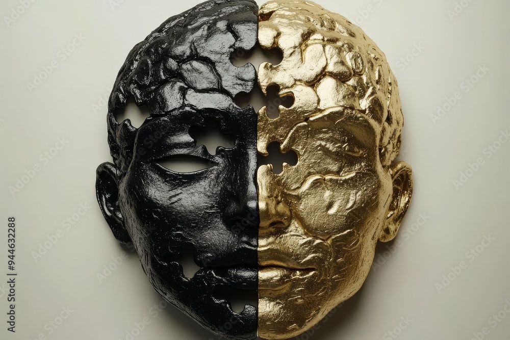 Poster artistic rendering of a split black and gold head symbolizing the duality complexity and balance of 