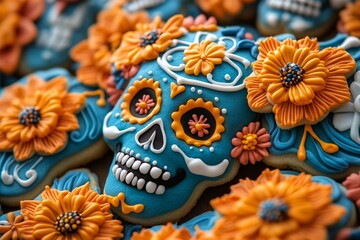 flat lay photography A bunch of sugar skull shaped cookies decorated with flowers, sugar skulls decorated for the Day of the Dead, sugar cookie dia de los muertos theme backdrop