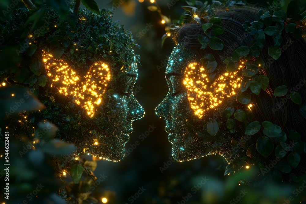 Poster surreal digital art of two glowing profiles facing each other in a forest setting symbolizing the na