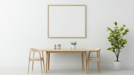 Blank landscape frame mockup centered in a modern dining room, surrounded by greenery and a simple table setting, ideal for interior design presentations.