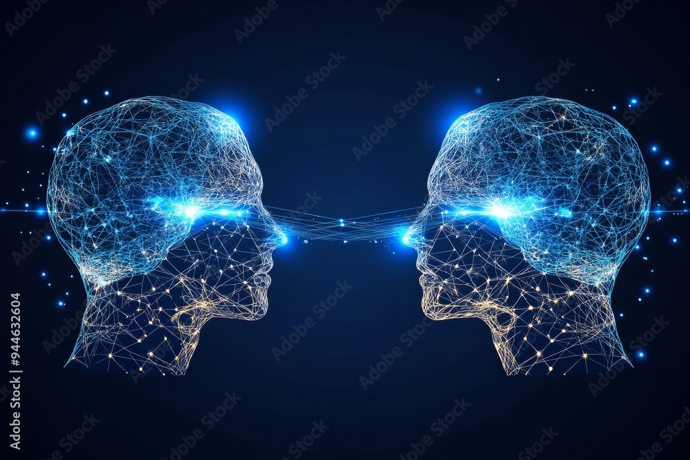 Poster futuristic neon illustration of two profiles with glowing neural networks symbolizing the dynamic ex