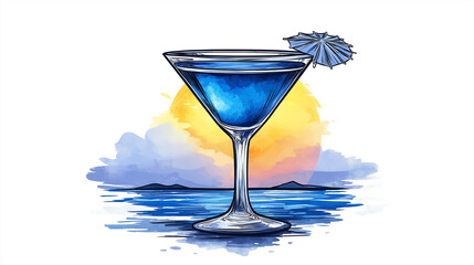 Blue cocktail glass standing on beach at sunset with ocean view