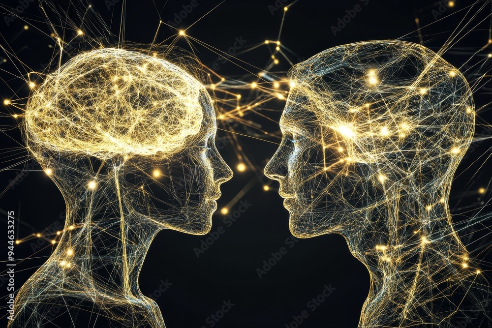 Poster futuristic digital art of two profiles with glowing neural connections symbolizing the intricate and