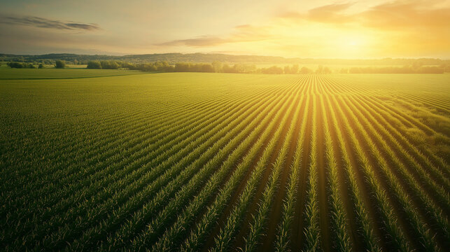 Sunset illuminating rows of crops in fertile farmland