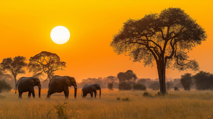 Fototapeta premium African elephants walking through savanna at sunset