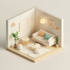 isometric diorama showcases a cozy living room designed in soft beige tones, complete with comfortable seating and lush indoor plants, creating a warm and inviting atmosphere