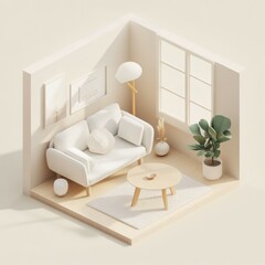 isometric diorama showcases a cozy living room designed in soft beige tones, complete with comfortable seating and lush indoor plants, creating a warm and inviting atmosphere