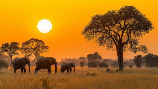 African elephants walking through savanna at sunset