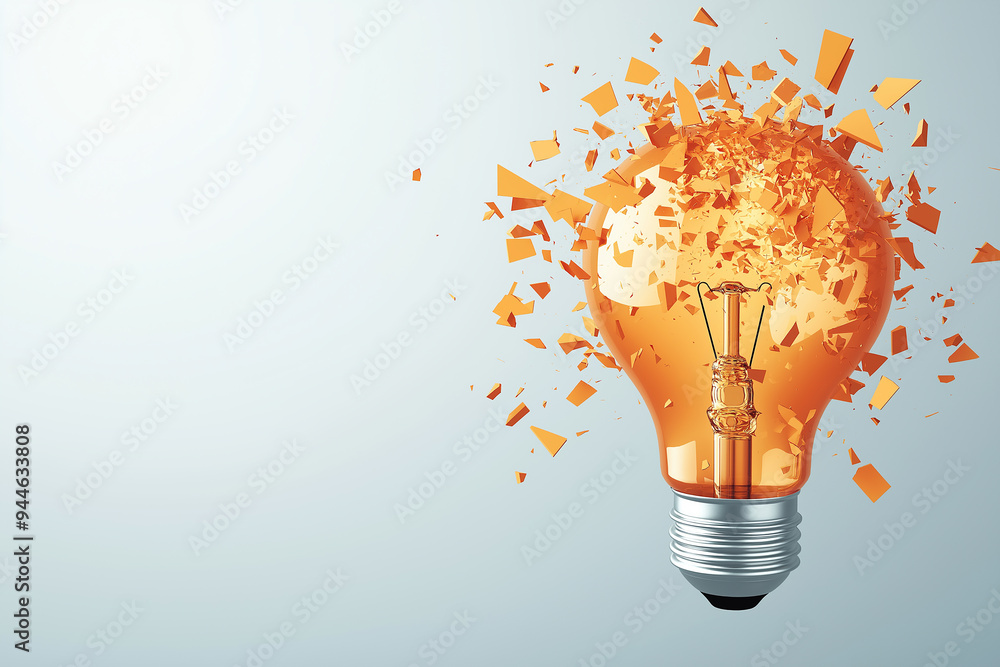 Poster Orange light bulb exploding with shards on light grey background