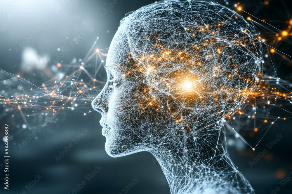 Poster futuristic digital art of a human profile with glowing neural connections symbolizing the intricate 
