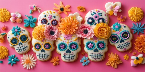 Fototapeta premium flat lay photography A bunch of sugar skull shaped cookies decorated with flowers, sugar skulls decorated for the Day of the Dead, sugar cookie dia de los muertos theme backdrop