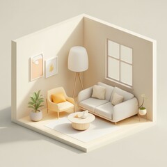 isometric diorama showcases a cozy living room designed in soft beige tones, complete with comfortable seating and lush indoor plants, creating a warm and inviting atmosphere