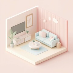 isometric diorama showcases a cozy living room designed in soft pastel color tones, complete with comfortable seating and lush indoor plants, creating a warm and inviting atmosphere