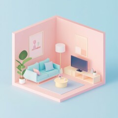 isometric diorama showcases a cozy living room designed in soft pastel color tones, complete with comfortable seating and lush indoor plants, creating a warm and inviting atmosphere