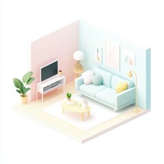 isometric diorama showcases a cozy living room designed in soft pastel color tones, complete with comfortable seating and lush indoor plants, creating a warm and inviting atmosphere