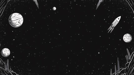 Naklejka premium A whimsical black and white space scene with planets and a rocket ship.