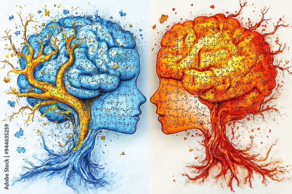Poster surreal illustration of two tree like brains one blue and one red symbolizing the contrast complemen