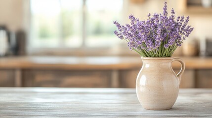Earth-toned ceramic vase overflowing with vibrant lavender, placed on a weathered farmhouse counter, with vintage kitchen decor in the background
