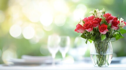 Fototapeta premium Elegant dining setup with a vase of vibrant red roses, table set for an intimate dinner for two, fine china and silverware, soft focus background