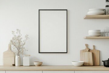 A simple vertical frame sits on a kitchen wall in a Paris apartment, featuring a blank white poster. The kitchen is styled with natural elements and minimal decor