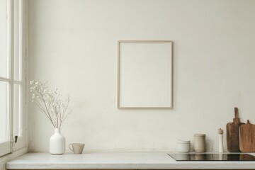 A simple vertical frame sits on a kitchen wall in a Paris apartment, featuring a blank white poster. The kitchen is styled with natural elements and minimal decor