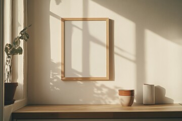 In a charming Paris apartment kitchen, a vertical picture frame awaits a meaningful poster. Soft daylight filters through, creating a serene and cozy atmosphere amid natural elements