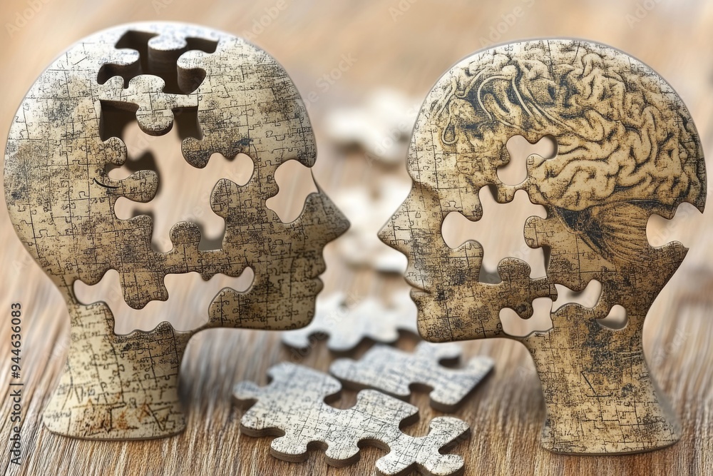 Poster artistic photograph of two stone heads with missing puzzle pieces symbolizing the incomplete thought
